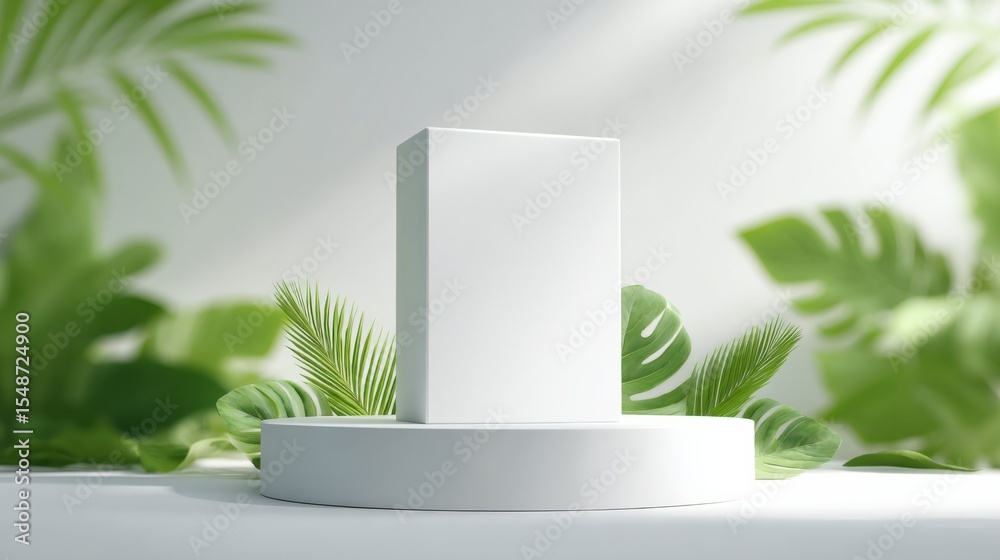 Poster minimalist white blank rectangular product display stand with a round base in front of lush green tr