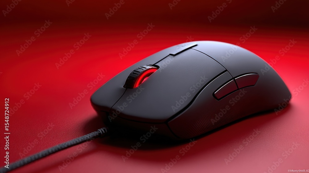 Poster Close-up of a modern wired computer gaming mouse with ergonomic design and customizable buttons on a vibrant red background