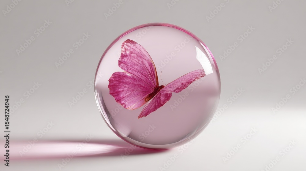 Aufkleber translucent glass sphere with delicate pink butterfly inside on a smooth neutral background with sof