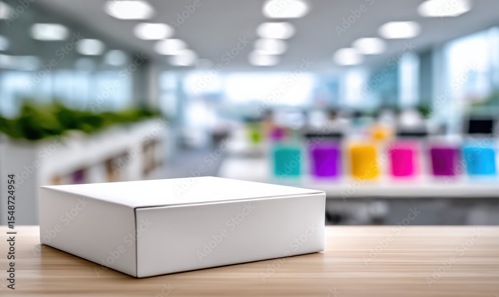 Aufkleber clean blank white cardboard box on wooden desk in modern office with blurred background of colorful 