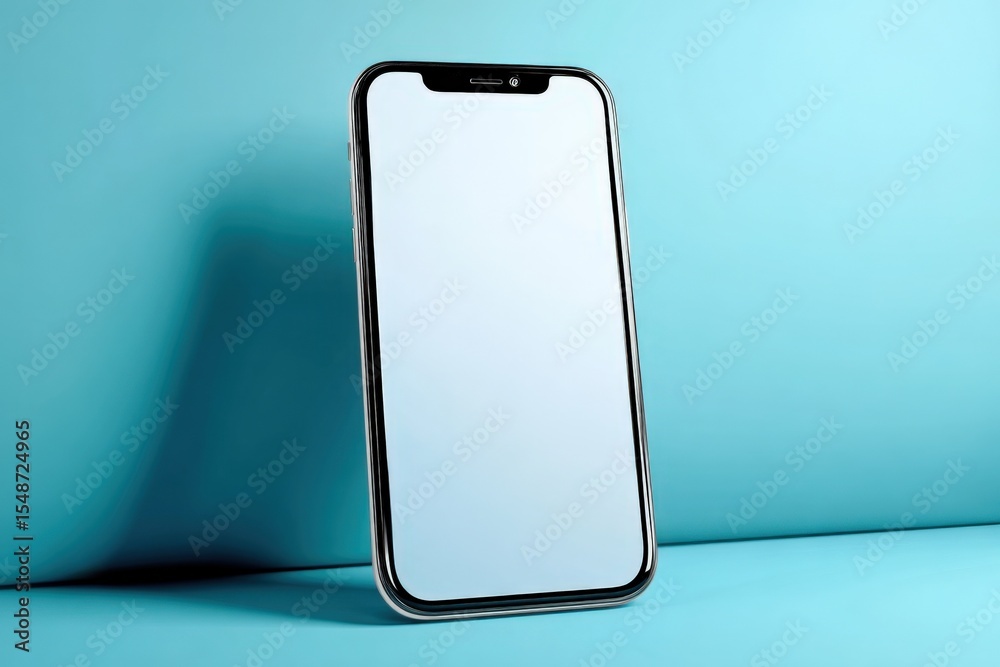 Aufkleber Modern smartphone with sleek design and large display resting on vibrant turquoise background for technology and mobile device concepts
