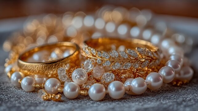 Golden jewelry and pearls close-up