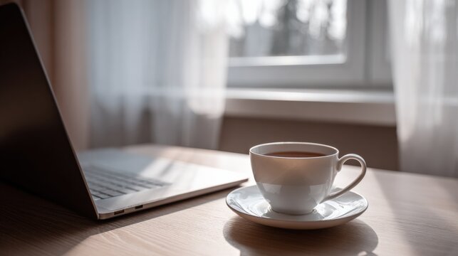 Cozy workspace with a laptop and a cup of coffee on a wooden desk near a window with sheer curtains in natural sunlight