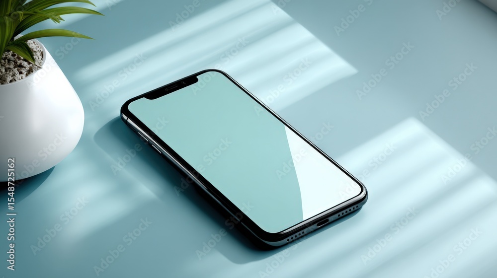 Poster modern smartphone with large screen and slim design lying on a light blue surface with natural sunli