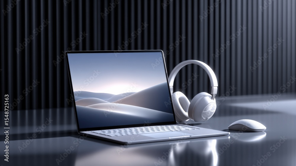 Poster Modern silver laptop computer with headphones and mouse on sleek reflective surface in a professional tech workspace with dark striped background