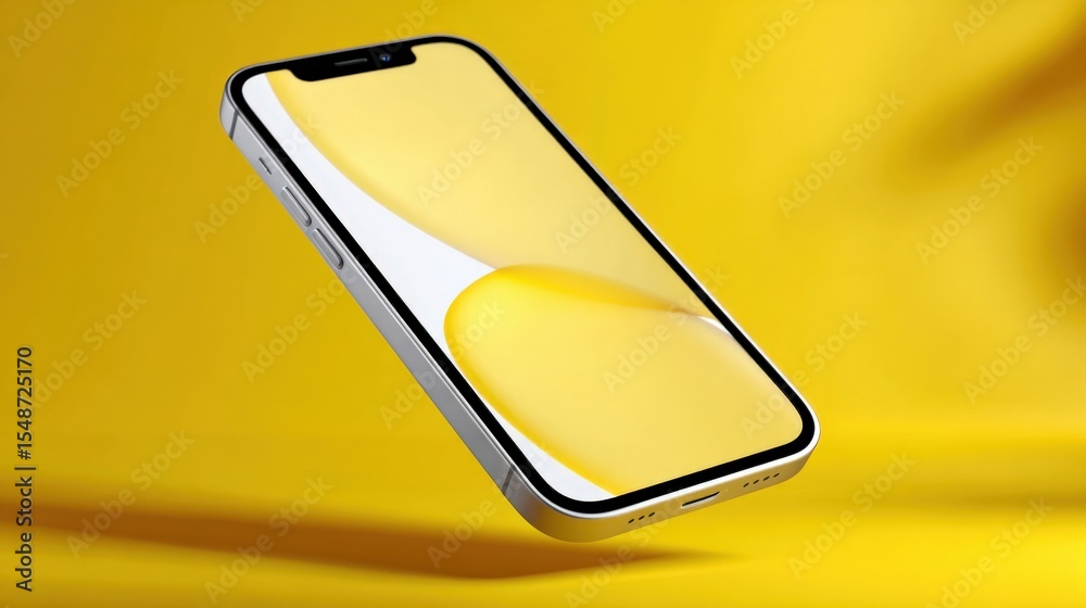 Poster Modern smartphone with slim metallic frame large display touchscreen interface and front camera on vibrant yellow background