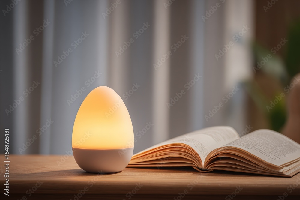 Aufkleber modern egg-shaped touch lamp with warm light illumination on wooden desk next to open book in cozy r