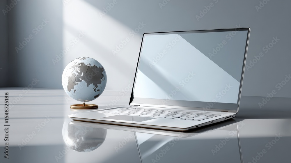 Poster modern slim silver laptop computer with a sleek design and large screen on a white desk near a decor