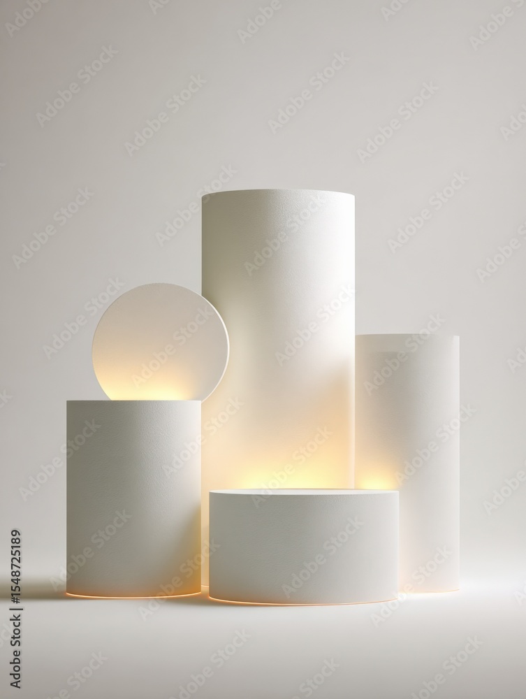 Aufkleber Minimalist modern white geometric cylindrical pedestal display set with soft warm backlighting on neutral background suitable for product showcase and art display