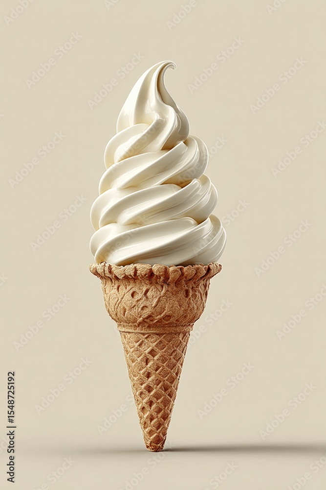 Poster classic vanilla soft serve ice cream cone with swirl design in a light beige background, close-up of