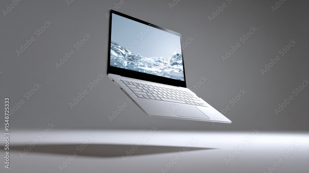 Aufkleber Modern silver laptop with open screen displaying a scenic image on a plain gray background for work or technology use