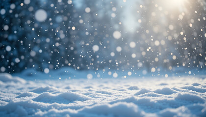 Fototapeta premium Winter Wonderland Background with Falling Snow and Golden Sunlight Through Trees