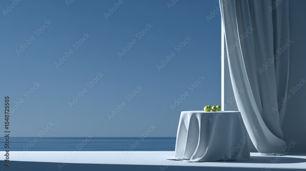 Poster elegant indoor scene with a round table draped in a white tablecloth and a small green plant on top,