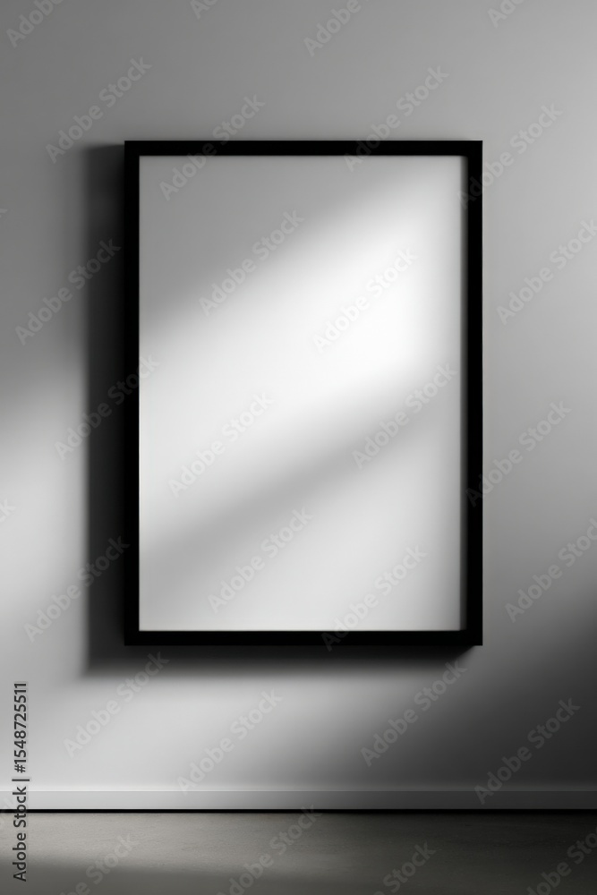 Poster modern minimalist rectangular wall mirror with sleek black frame hung on a plain light gray wall in 