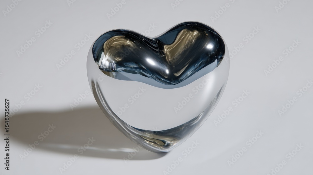 Poster glossy reflective metallic heart sculpture with smooth surface and shadow on plain white background 