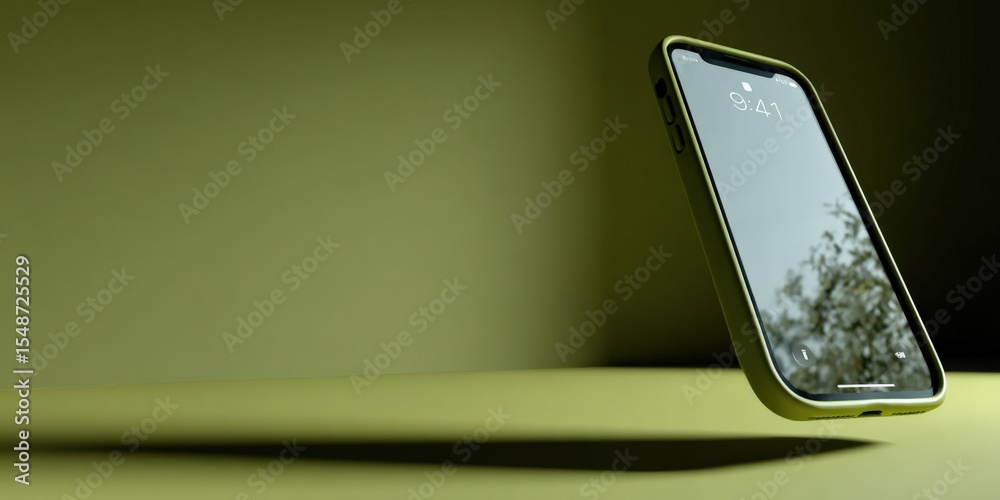 Poster Modern smartphone with sleek design and high-resolution screen displaying eco-friendly outdoor scene with trees and sky in natural light