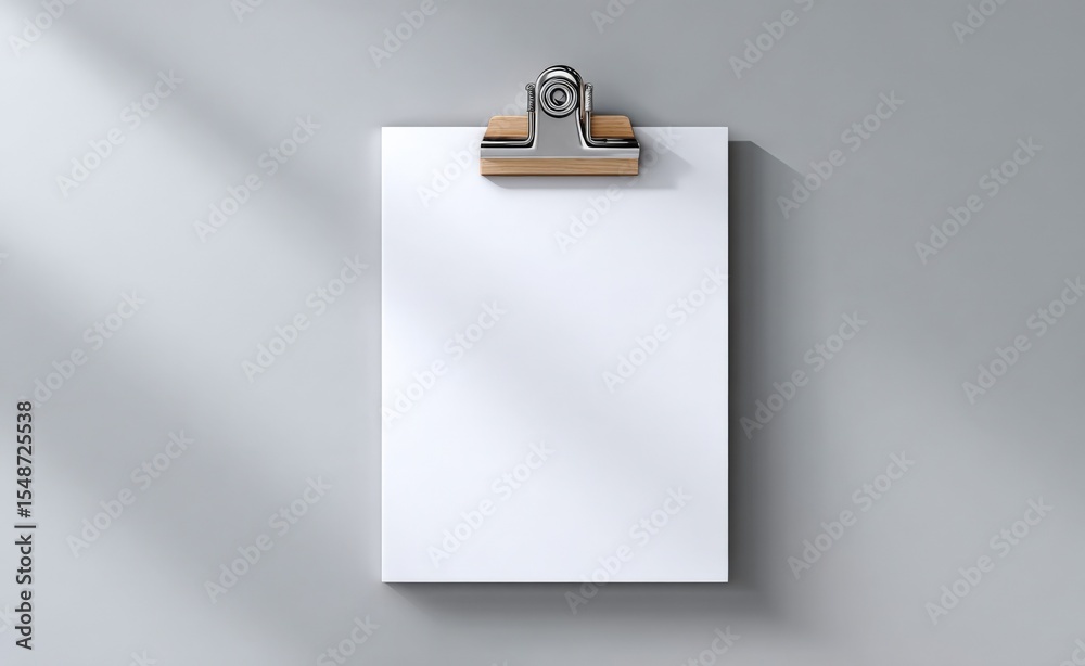 Poster Close-up of blank white sheet of paper clipped to clipboard on smooth light gray surface with soft shadows