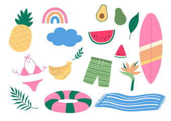 Vector illustration of tropical fruits and swimming supplies.