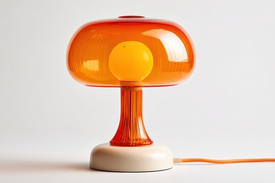 Modern orange and yellow glass table lamp with unique mushroom-inspired design and warm ambient lighting on white background