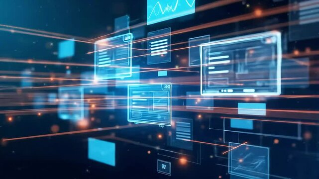 Futuristic digital interface with floating data screens and glowing lines in a tech-inspired environment