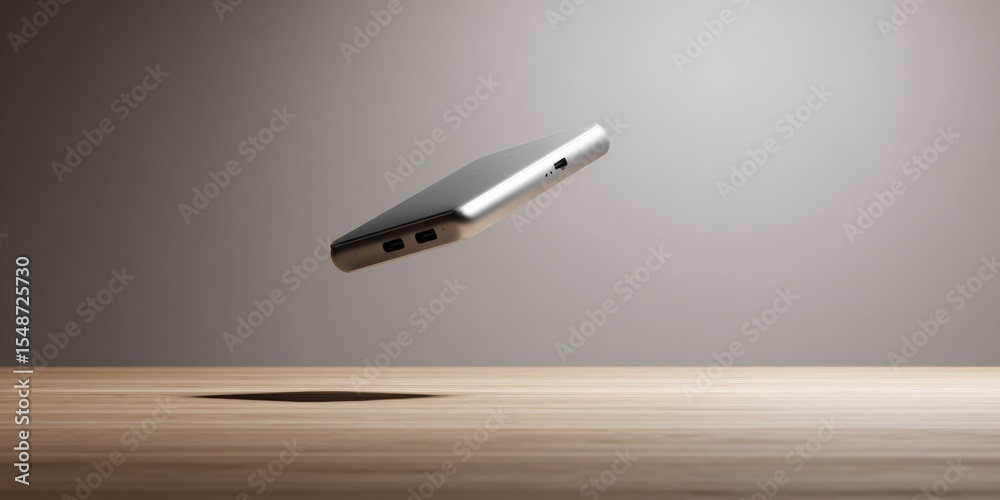 Poster modern smartphone with metallic silver finish floating above wooden surface with a plain light wall 
