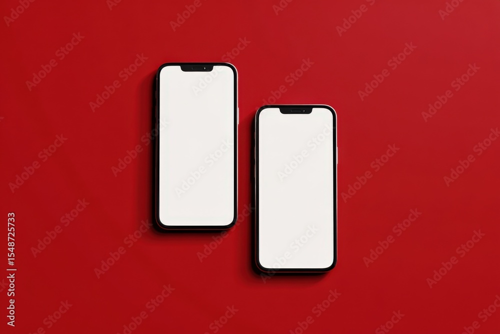 Poster two modern smartphones with large edge-to-edge screens and black bezels placed on a vibrant red back