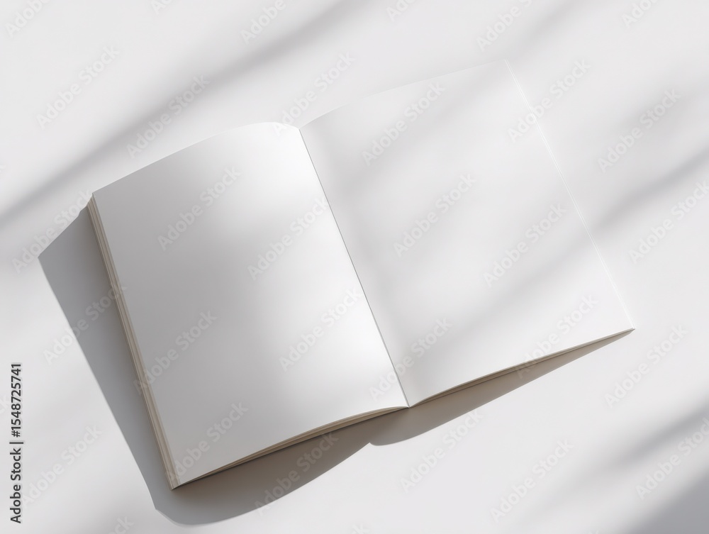 Poster Open blank notebook with white pages and soft shadows on surface for writing or sketching in a minimalistic workspace setting