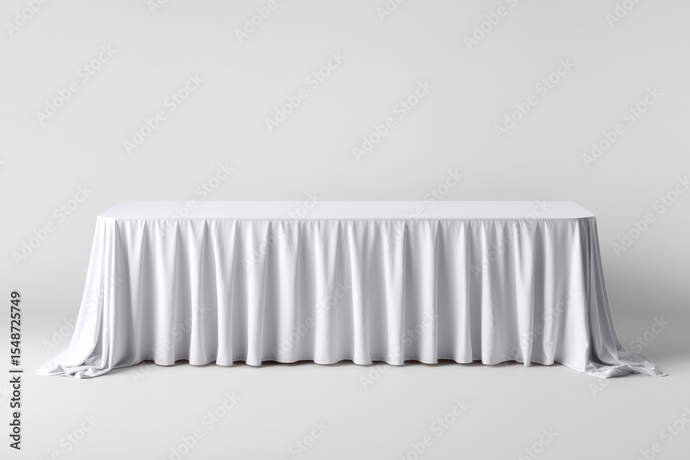 Poster Elegant white banquet table with flowing tablecloth set against plain wall for events or conferences with clean minimalistic background