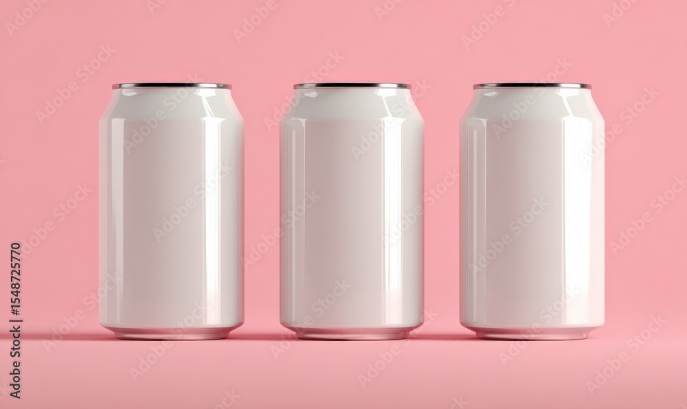 Poster three blank aluminum beverage cans with smooth surfaces and silver color arranged in a row on pink b