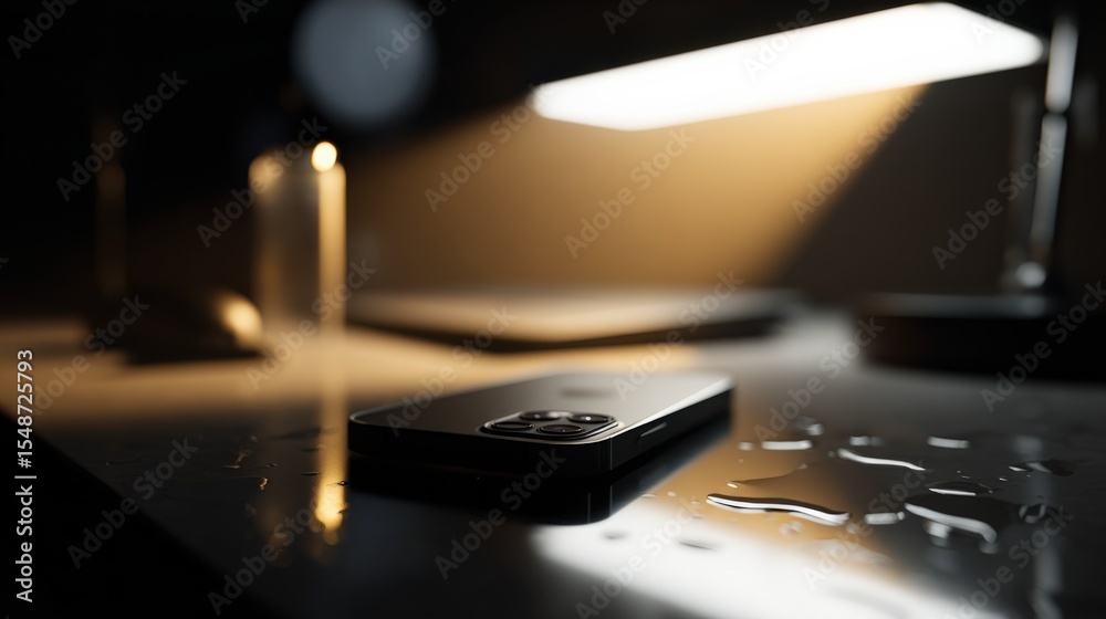 Poster Modern smartphone with sleek black design lying on a reflective wet surface near a window with sunlight creating reflections and shadows in a cozy indoor setting