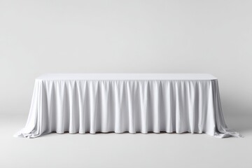 Elegant white banquet table with flowing tablecloth set against plain wall for events or conferences with clean minimalistic background