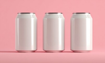 Three blank aluminum beverage cans with smooth surfaces and silver color arranged in a row on pink background for advertising and packaging concepts