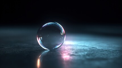 Transparent glass sphere reflecting colorful light on dark textured surface illuminated by subtle glow in a minimalistic scene