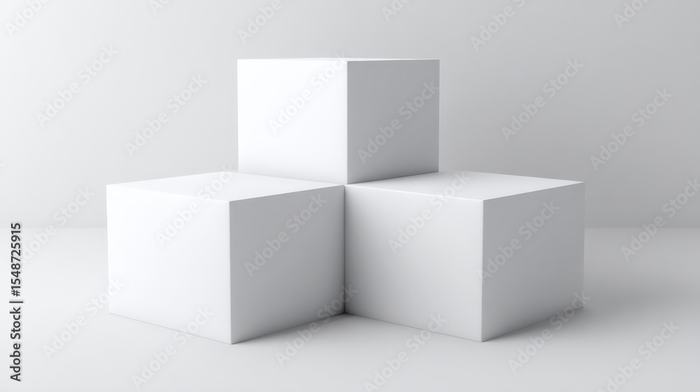 Poster Minimalist White Geometric Pedestal Display Stand with Three Blocks for Product Showcase and Modern Interior Design Decoration