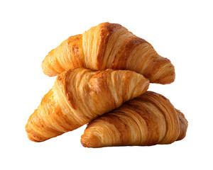 Pile of golden croissants isolated on transparent background with flaky texture and buttery crust