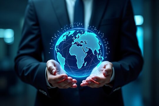 Businessman holding glowing earth globe hologram global business technology connection concept 
