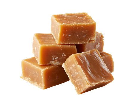 Stack of salted caramel fudge cubes with rich texture isolated on transparent background