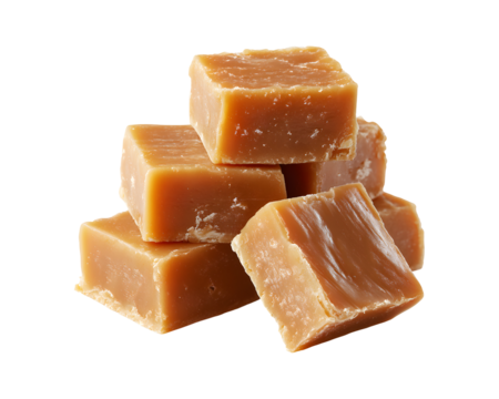 Stack of salted caramel fudge cubes with rich texture isolated on transparent background