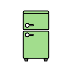 緑色のレトロな冷蔵庫を描いたベクターアイコン。かわいらしくてポップなデザインのキッチン家電を白背景で表現したカットアウトイラスト｜冷蔵庫,家電,キッチン,レトロ,緑色