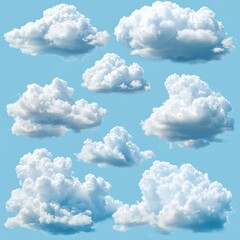 Collection of fluffy white cumulus clouds floating in a clear light blue sky.