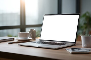 Fototapeta premium Presentation slides mockup for a modern workspace with laptop and coffee setup