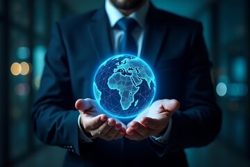 Global business technology solutions man holding digital earth globe network connection concept  