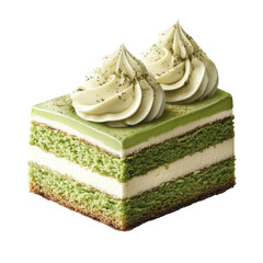 A delectable matcha cake layered with creamy frosting, topped with matcha-dusted whipped cream swirls.