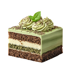 A delectable matcha cake slice, layered with chocolate and cream, topped with matcha frosting and chocolate sprinkles.