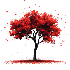 A lone tree with vibrant red leaves shedding petals in a dark setting.