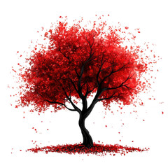 A vibrant red tree with falling leaves, artistically rendered against a black background.