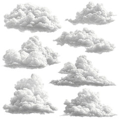 Collection of eight realistic cumulus clouds, isolated on black background.  Ideal for design or compositing.
