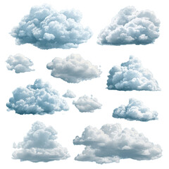 Collection of fluffy cumulus clouds isolated on black background.