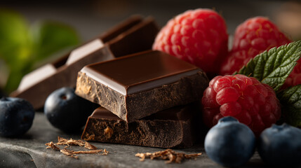 Dark Chocolate with Berries: A close-up composition showcasing decadent dark chocolate squares alongside vibrant, ripe raspberries and blueberries, a delightful blend of flavors.
