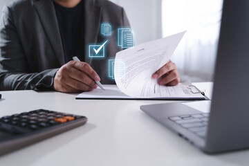 Approved the survey form checklist person reviewing documents desk with digital icons of checkmarks and files floating above, indicating digital